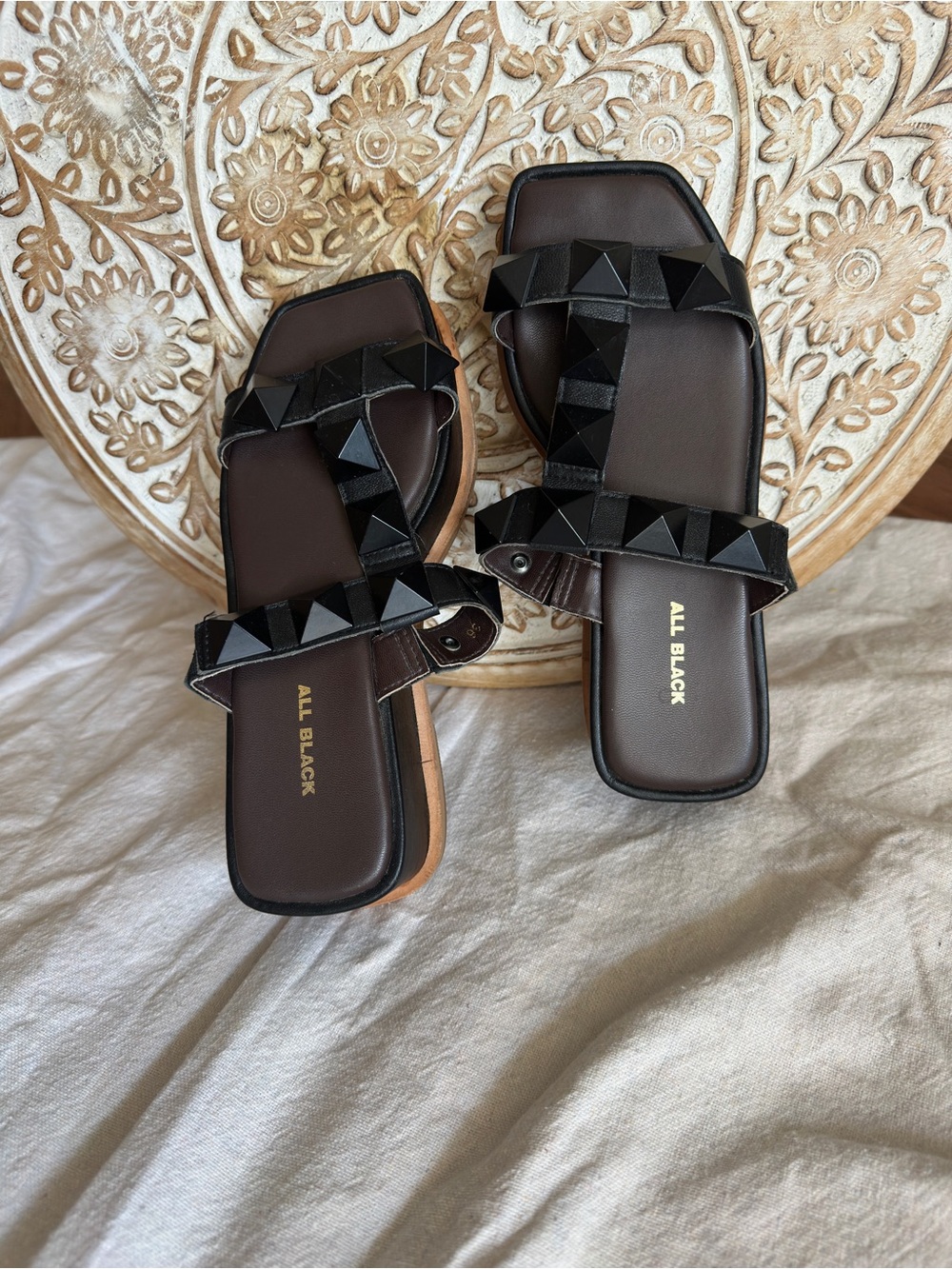 All Black Studded Slide Sandals in Black Size 36